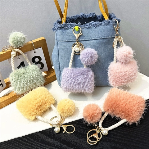 Mini Bag Shape Keychain Plush Faux Fur Pompom Bag Pendant With Artificial Pearl Ornament Cute Korean Style For Women Car Key Ring
