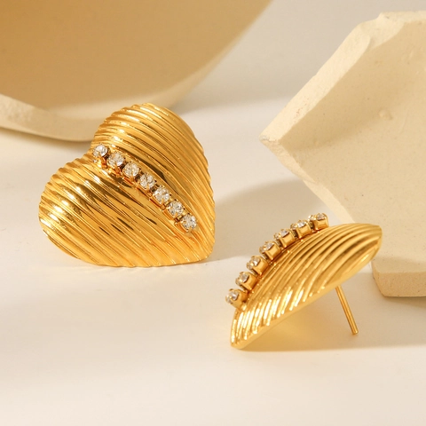 Pendientes De Botón Corazón Acero Inoxidable Chapado Oro 18K Textura Vertical Incrustaciones Strass Joyas Para Mujeres