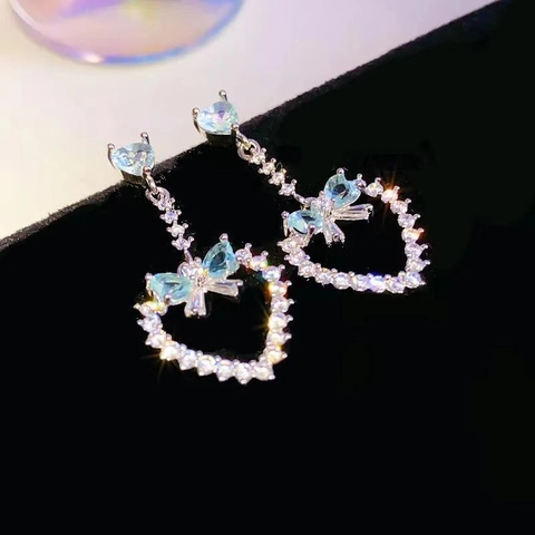 Heart Bowknot Dangle Earrings With Zircon Blue Gemstone And Silver Earring Post Elegant Luxury Jewelry For Women