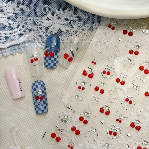 3D Relief Nail Art Stickers Cherry Strawberry Design Silver Bow Heart Patterns Manicure Decoration With Rhinestones