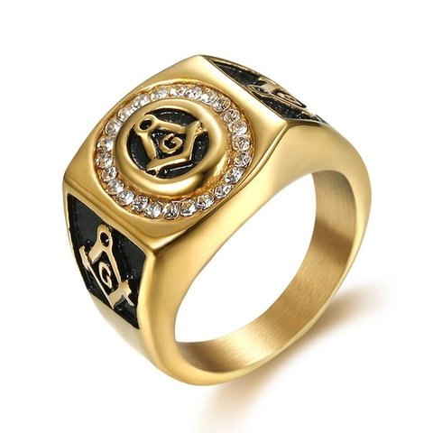 Freimaurer Siegelring Edelstahl Goldton Emaille Strass Vintage Schmuck Für Herren