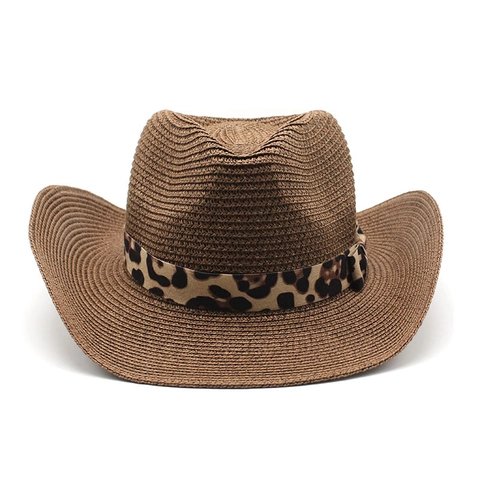 Western Cowboy Strohhut Breite Krempe Sonnenschutz Sommer Strand Urlaub Leopard Band Für Damen