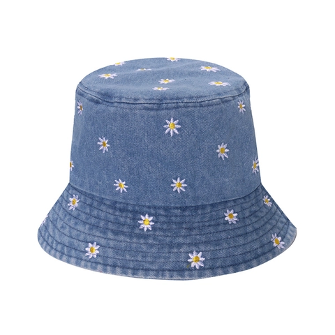 Chapeau Bob En Jean Femme Coton Broderie Marguerite Coeur Été Extérieur Protection Solaire Voyage Style Décontracté