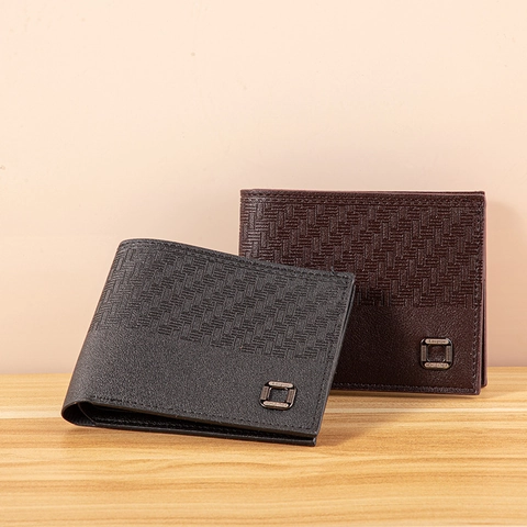 Men Short Bifold Wallet PU Leather Woven Pattern RFID Blocking Multi Card Slots Vintage Business Style