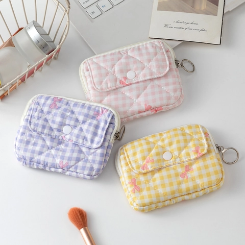 Quilted Polyester Mini Coin Purse Floral Gingham Earphone Storage Bag With Zipper And Button Closure