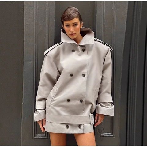 Women Short Trench Coat Stand Collar Double Breasted Belted Biker Style Loose Windbreaker Jacket