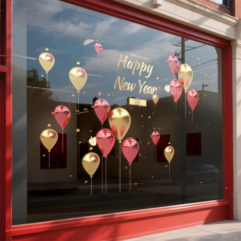 New Year Window Stickers Static Cling Balloons Pattern Glass Door Decals PVC Festive Party Decoration Shop Mall