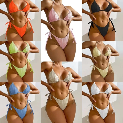 Ribbed Bikini Set Women Halter Triangle Swimsuit Solid Color Side Tie High Cut Bathing Suit Summer Beachwear