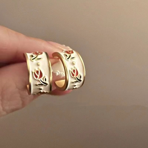 French Vintage Tulip Flower C-Shape Ear Clips Alloy Enamel Elegant Non Pierced Jewelry For Women