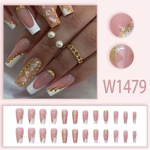 Französische Spitze Künstliche Nägel Lange Sargform Goldfolie Glitzer Schale Nude Rosa Falsche Nägel Elegante Maniküre