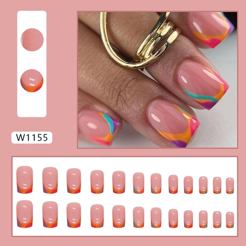 Colorful French Wave Pattern Press On Nails Square Round False Nails Long Length With Glue Ins Style Glossy Finish