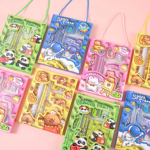 Cartoon Stationery Gift For Students Kids Pencils Ruler Eraser Sharpener Notebook Portable Handheld Cute Panda Themes
