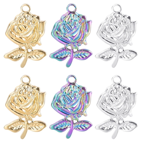 Colgante Flor Rosa Acero Inoxidable Irisado Arcoíris Oro Plata Amuleto Metal Para Fabricación Joyería DIY Collares