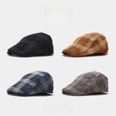 Vintage Corduroy Plaid Flat Cap Retro British Style Adjustable Beret Painter Hat For Men And Women Versatile Streetwear