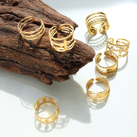 Anelli In Acciaio Al Titanio Placcato Oro 18k Geometrico Cavo Catena Multistrato Regolabile Aperto Gioielli Da Donna