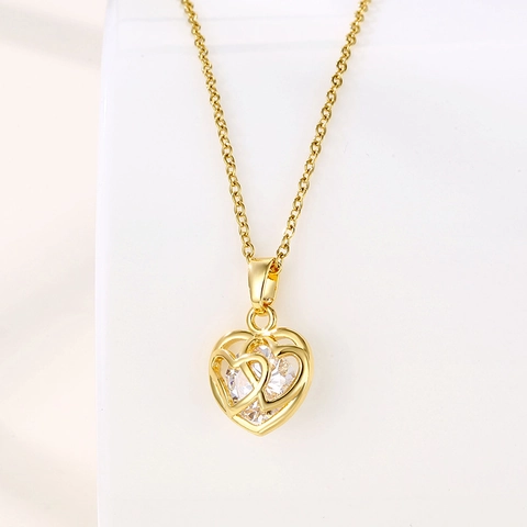 Edelstahl Herz Anhänger Halskette Vergoldet Hohl Zirkonia Trendy Eleganter Schmuck Für Damen