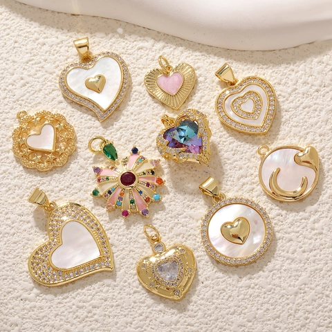 Exquisite Heart Shape Pendant Charm Gold Plated Copper With Zircon Shell Enamel For DIY Jewelry Making Romantic Women