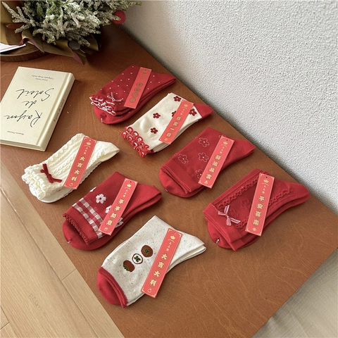 Women Cotton Crew Socks Red White Festive Christmas New Year Wedding Bow Polka Dot Heart Plaid Floral Pattern Sweet