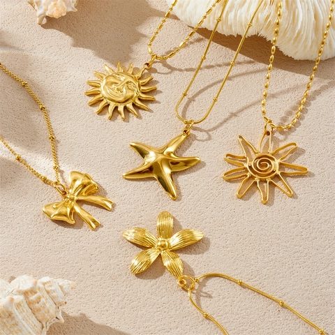Vergulde Roestvrijstalen Hanger Ketting Met Schelp Edelsteen Vintage Chic Multi Element Dier Zon Bloem Ontwerp Voor Dames