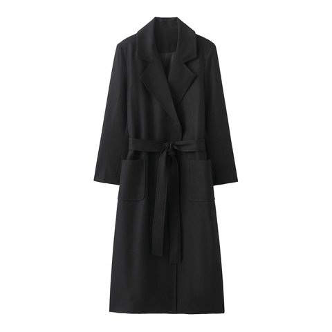 Women Long Trench Coat Polyester Solid Color Lapel Tie Waist Belted Pockets Fashion Casual Autumn Elegant Outwear