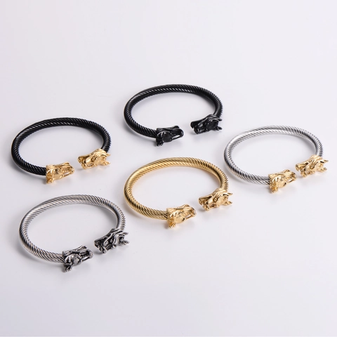Stainless Steel Dragon Head Open Cuff Bracelet Twisted Cable Wire Bangle Vintage Punk Style For Men Jewelry