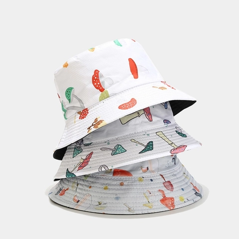 Reversible Bucket Hat Cotton Canvas Mushroom Print Wide Brim Sun Protection Outdoor Casual Unisex