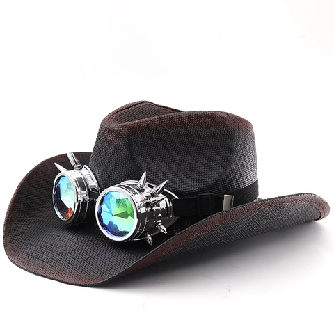 Steampunk Western Cowboyhoed Ombre Rood Zwart Papierstro Gevlochten Met Spijkerbril Voor Heren Dames Cosplay Party