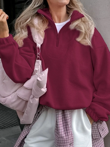 Women Polar Fleece Pullover Half Zip Lapel Collar Loose Fit Long Sleeve Casual Sporty Sweatshirt Solid Color