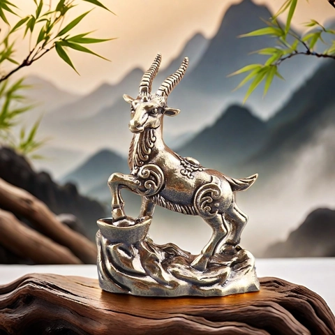Vintage Brass Alloy Antelope Goat Figurine Standing On Ingot Desk Ornament Traditional Chinese Feng Shui Tea Pet Decor