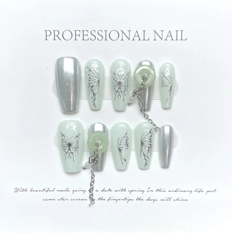 Ψεύτικα Νύχια Long Ballet Press On Nails Καθρέφτης Μεταλλικό Ασημί Πεταλούδα Μέντα Διακοσμητική Αλυσίδα Κινέζικο Στυλ