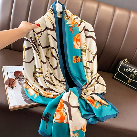 Sciarpa Donna Elegante Raso Sintetica Equestre Cavallo Catena Fiore Stampa Protezione Solare Estate Spiaggia Scialle Moda
