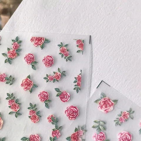 Nail Art Stickers 5D Embossed Rose Flower Pattern 3D Stereoscopic Relief Retro Gouache Floral DIY Adhesive Decals