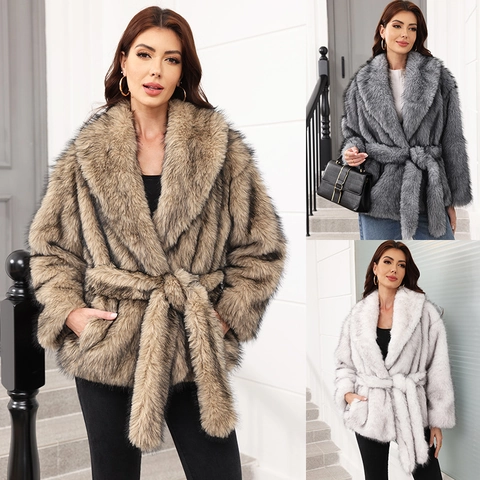 Women Faux Fur Coat Belted Thick Warm Mid-Length Winter Outerwear Streetwear Plush Jacket Lapel Solid Color