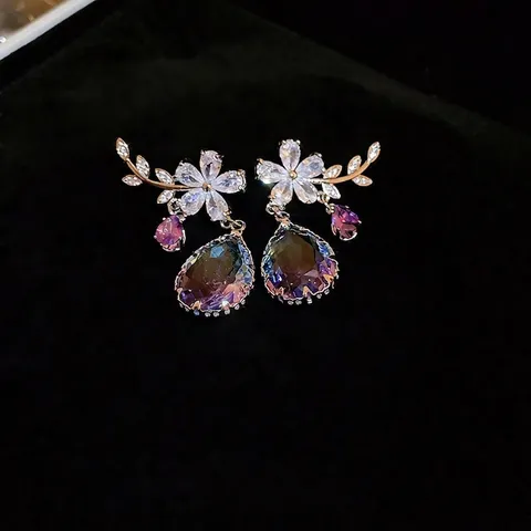 Elegante Blumen Zweig Ohrhänger Mit Farbverlauf Kristall Zirkonia Und 925 Sterling Silver Earring Post