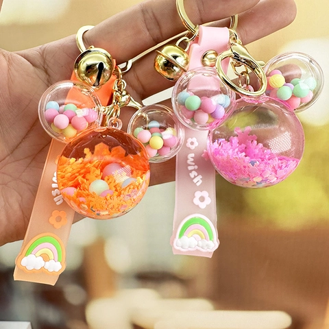 Cartoon Mouse Head Shaped Keychain Colorful Quicksand Beads Bell Silicone Wrist Strap Bag Charm Plastic