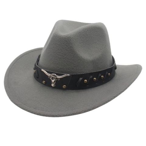 Chapeau De Cowboy Occidental Fedora En Feutre Avec Bande En Cuir Tête De Taureau En Métal Et Rivets Style Ethnique Rétro Bord Incurvé