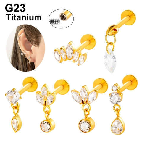G23 Titanium Labret Studs Interne Schroefdraad Kraakbeen Oorbellen Met Heldere Zirkoon Marquise Druppel Piercing Sieraden Goud Zilver