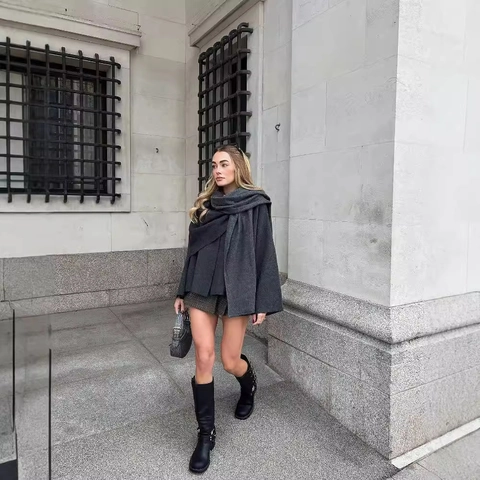 Women Knitted Jacket Asymmetric Scarf Collar Polyester Short Coat Solid Color Loose Outerwear Autumn Winter Fashion