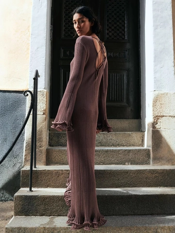 Elegant Knit Maxi Dress Polyester Cotton Blend Slim Fit Backless Lace Up Long Sleeve Ruffle Trim Solid Color Bodycon