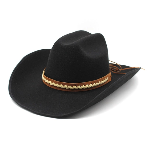 Western Cowboy Hat Woolen Felt Wide Brim Fedora With Leather Braided Band Retro Ethnic Style For Men Women Outdoor