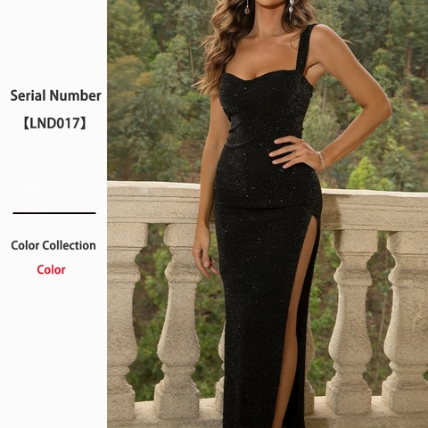 Abito Midi Sexy Con Paillettes Brillantinate Donna Spalline Sottili Spacco Alto Bodycon Elegante Festa Sera Nero