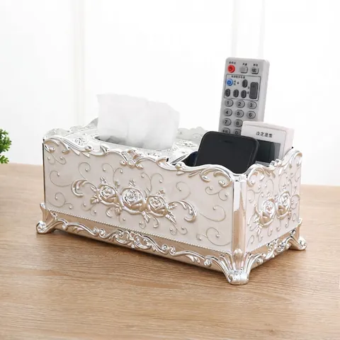 European Luxury Tissue Box Multi-functional Resin Marble Pattern Floral Carving Storage Organizer Remote Control Phone