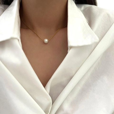 Minimalist Alloy Artificial Pearl Pendant Necklace Elegant Snake Chain Gold Silver Neck Choker For Women Daily Jewelry