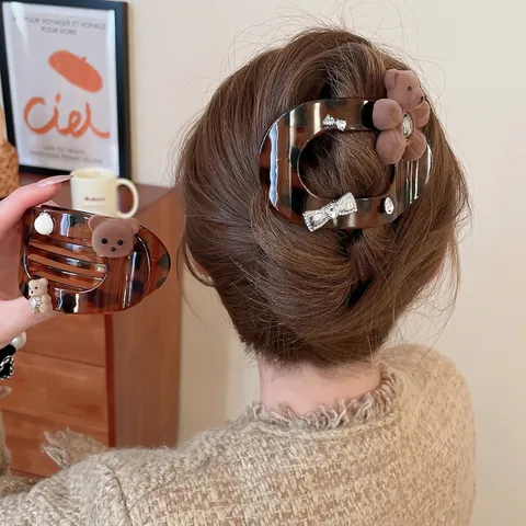Pinza Para El Cabello De Oso Flocado Y Coletero De Tela A Cuadros Con Pedrería Perlas Artificiales Elegante Patrón Carey Para Mujeres
