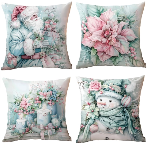 Kerst Kussenslopen Muntgroen Pastelroze Kerstman Rendier Sneeuwpop Patroon Sierkussenslopen Voor Thuis Vakantie Decoratie