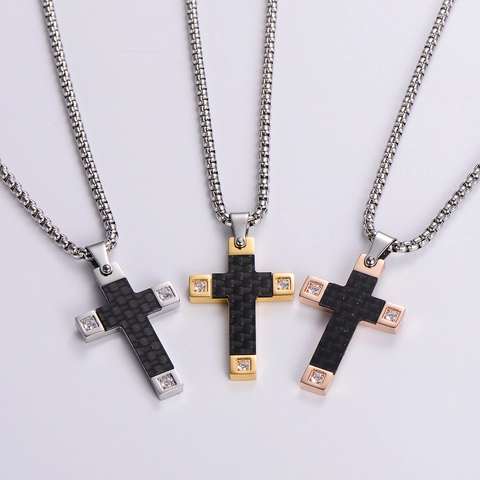 Collana Con Ciondolo A Croce Acciaio Inossidabile 316L Intarsio In Fibra Di Carbonio Nera Zirconia Gioielli Da Uomo