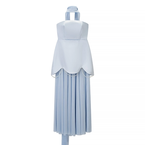 Abito Maxi Pieghettato In Raso E Mesh Allacciato Al Collo Catena Di Künstliche Perle Orlo Festonato Elegante Sera Donna
