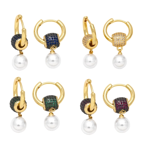 Luxury Copper Hoop Earrings With Zirconia And Artificial Pearl Pendant Elegant Geometric Hoop Earrings For Women Jewelry