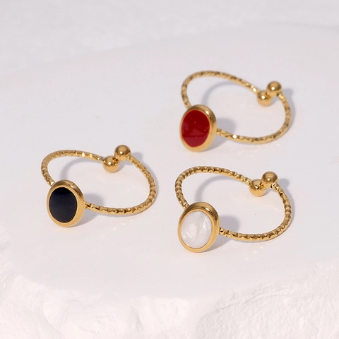 Anello Aperto Regolabile Acciaio Inossidabile Texture Martellata Inserto Ovale Stile Francese Vintage Lusso Placcato Oro Gioielli