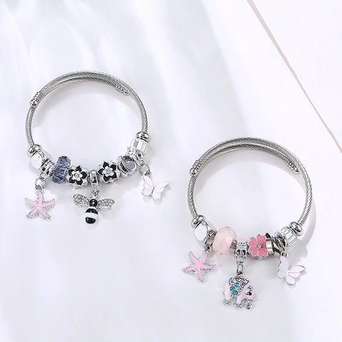 Elephant Charm Bracelet Stainless Steel Twisted Wire Bangle Enamel Flower Butterfly Starfish For Women Girls Sweet Jewelry